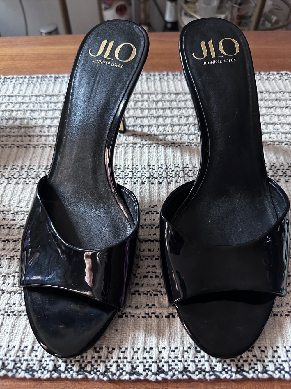 Jennifer Lopez Black Patent Open-Toe Slide Heels